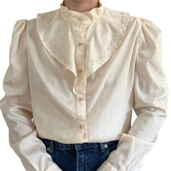Vintage 80s Womens 100% Silk White Ruffle Collar Floral Light Academia Blouse - Picture 3 of 10